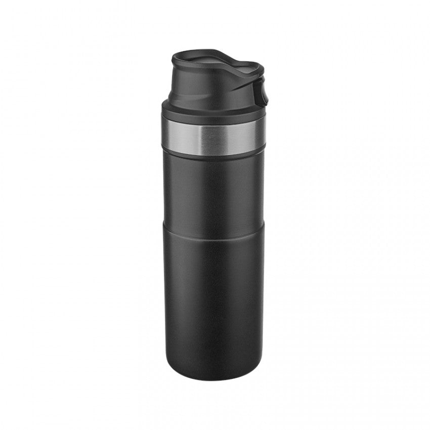 Siyah çelik termos 400 ml – minimalist siyah dış yüzeyli, kapaklı paslanmaz termos.