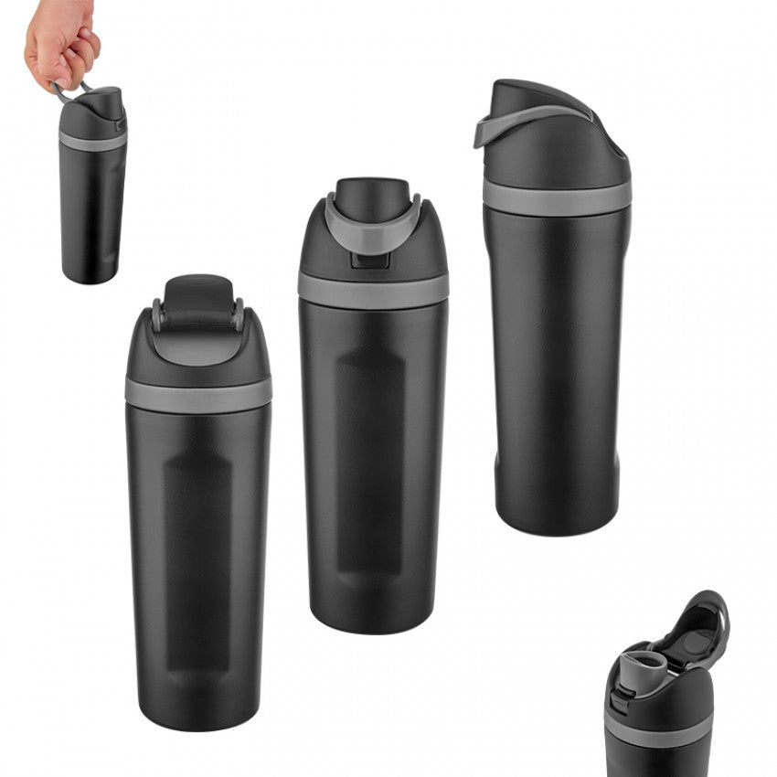 Siyah çelik termos 550 ml – mat siyah gövdeli, gri kapaklı paslanmaz termos
