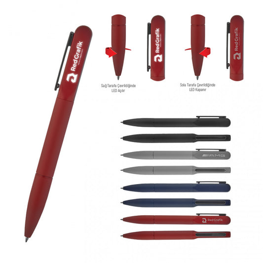 LED Işıklı Siyah Metal Tükenmez Kalem 1250 – Döndürmeli Açma/Kapama Mekanizmalı