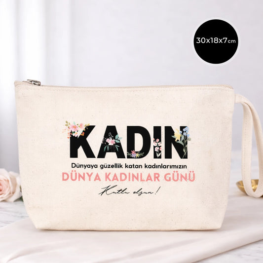 Kadınlar Günü Hediyesi - Logo Baskılı Kanvas Clutch - Körüklü 30x18x7 cm