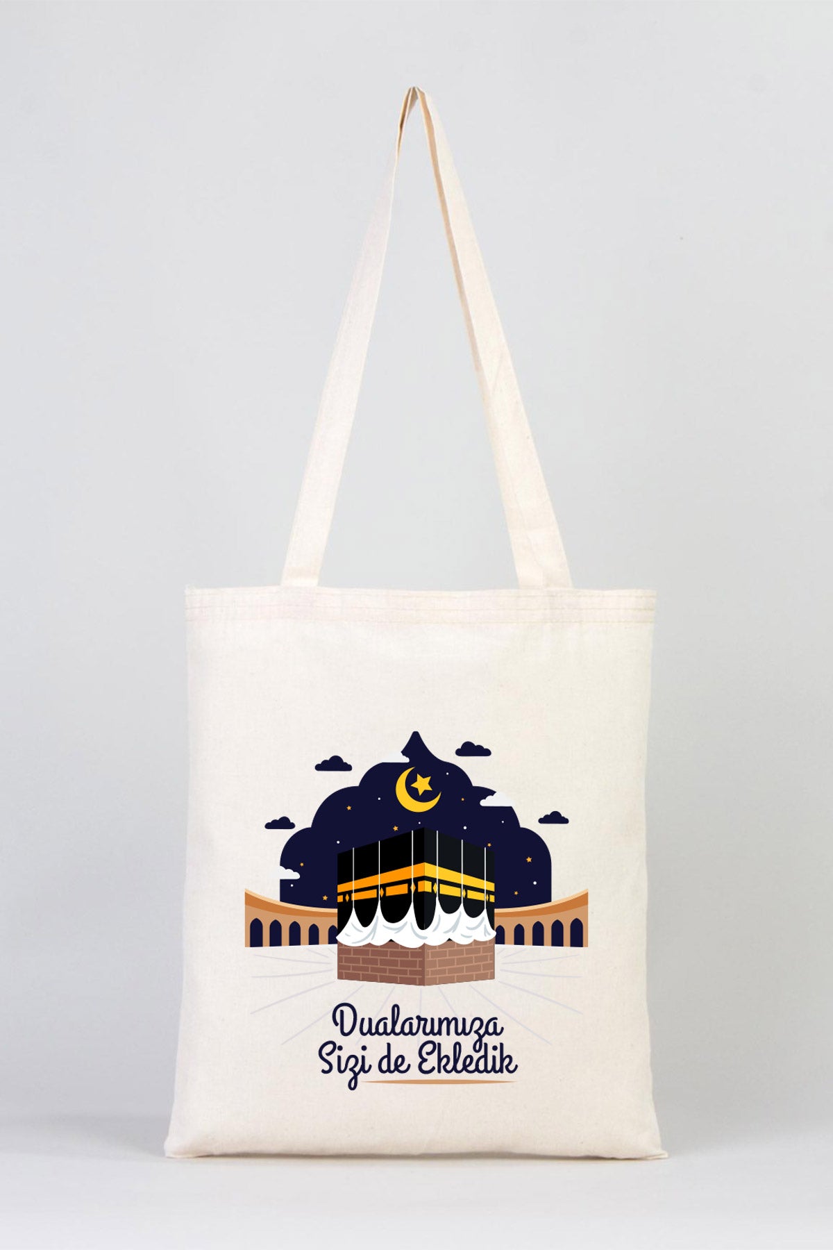 35x40 cm Dualarımıza Sizi de Ekledik | Hac ve Umre Hediyelik Ham Bez Çanta
