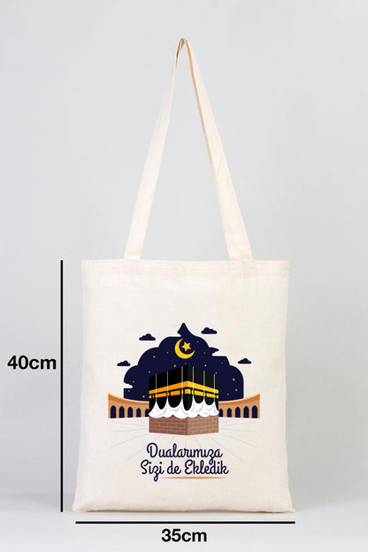 35x40 cm Dualarımıza Sizi de Ekledik | Hac ve Umre Hediyelik Ham Bez Çanta