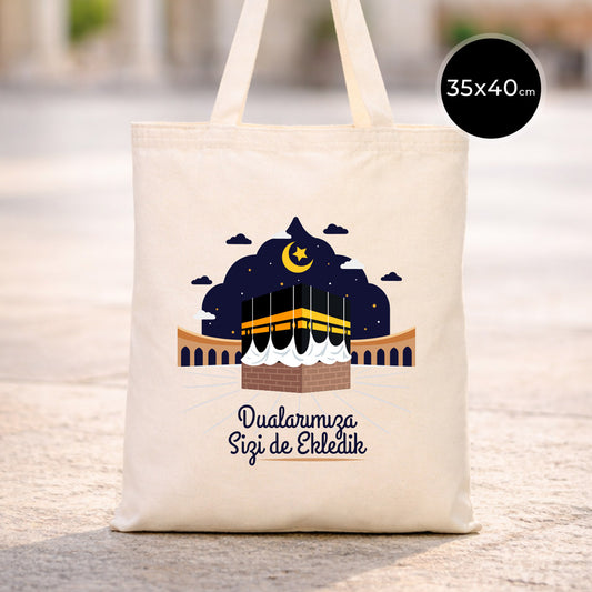 35x40 cm Dualarımıza Sizi de Ekledik | Hac ve Umre Hediyelik Ham Bez Çanta