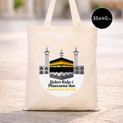 35x40 cm Kabe-i Muazzama’dan Selam ve Dua ile | Hac ve Umre Hediyelik Ham Bez Çanta