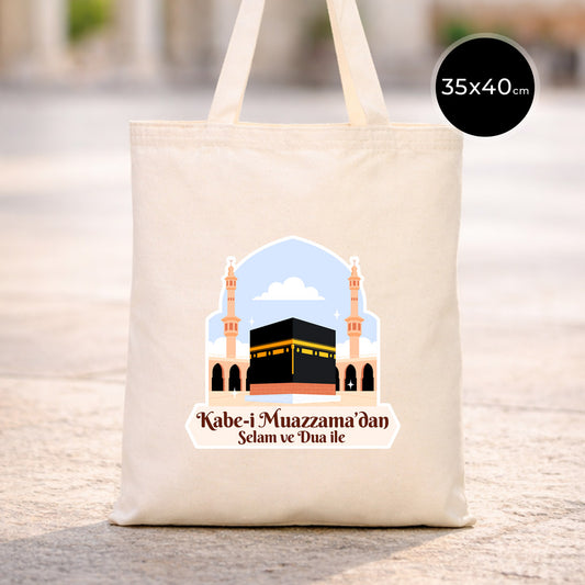 35x40 cm Kabe-i Muazzama’dan Selam ve Dua ile | Hac ve Umre Hediyelik Ham Bez Çanta