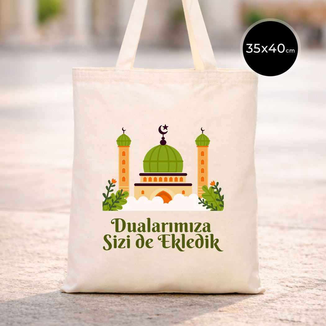 Hac ve Umre Hediyelik Ham Bez Çanta | 35x40 cm Kabe-i Muazzama’dan Selam ve Dua ile