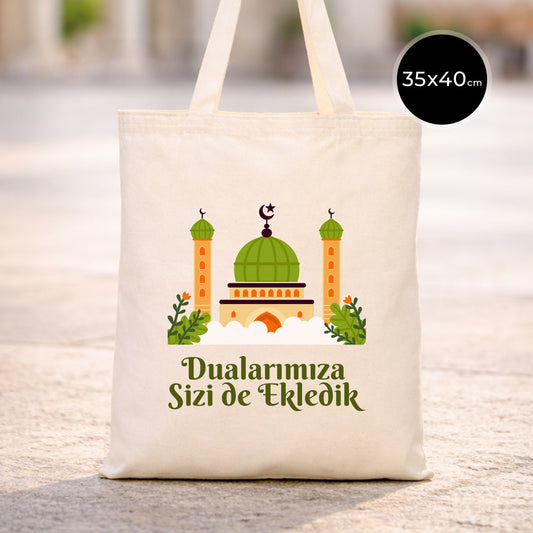 Hac ve Umre Hediyelik Ham Bez Çanta | 35x40 cm Kabe-i Muazzama’dan Selam ve Dua ile