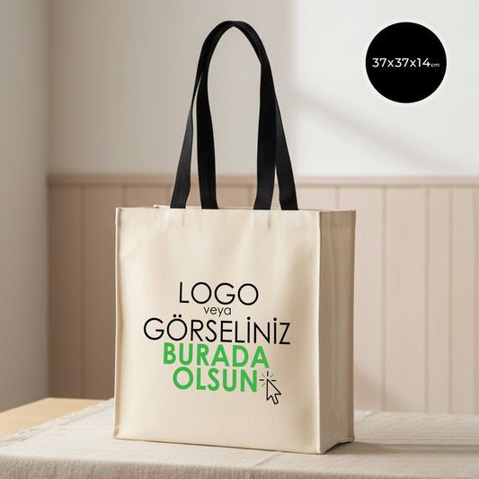 Stone Körüklü Kanvas Çanta - 37x37x14 cm - Örgü Kulp (Özelleştirilebilir)