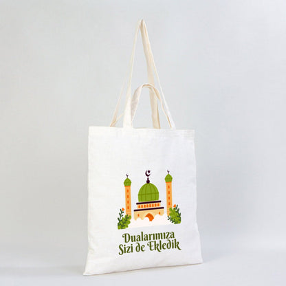 Hac ve Umre Hediyelik Ham Bez Çanta | 40x40 cm Kabe-i Muazzama’dan Selam ve Dua ile
