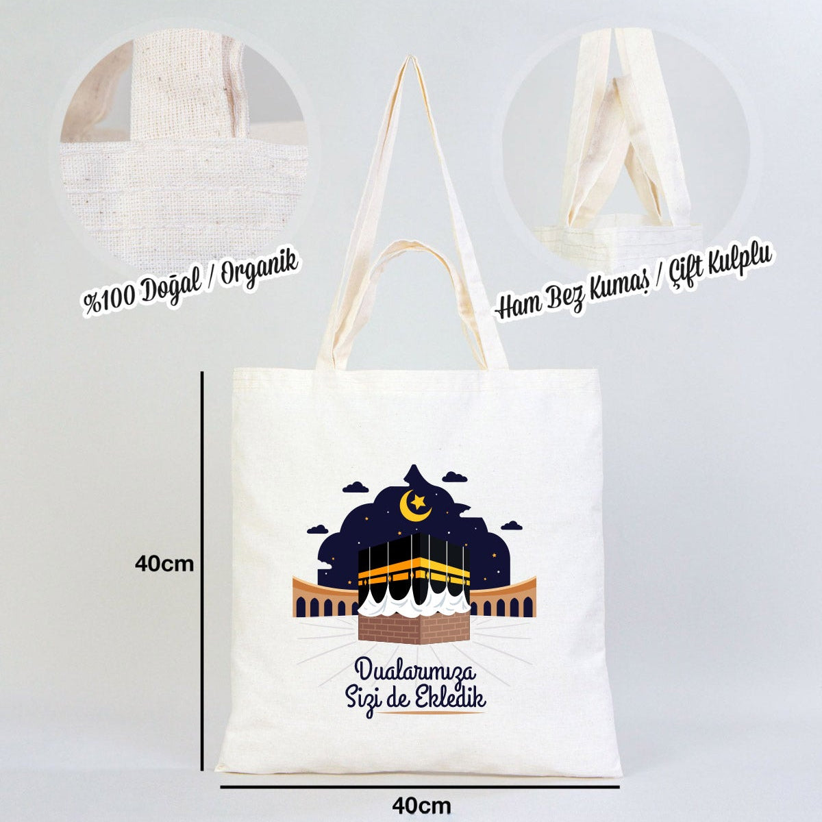 40x40 cm Sizlere Kabe-i Muazzama’dan Sevgi ve Selam Getirdik | Hac ve Umre Hediyelik Hambez Çanta