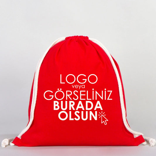 Ham Bez Kırmızı İp Büzgülü Sırt Çanta - 35x40 cm (Küçük Boy) Özelleştirilebilir