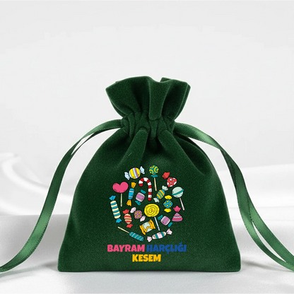Yeşil kadife büzgülü kese 10x13 cm, Harçlık Kesem yazılı renkli şeker baskısı, Bayram kesesi hediyelik