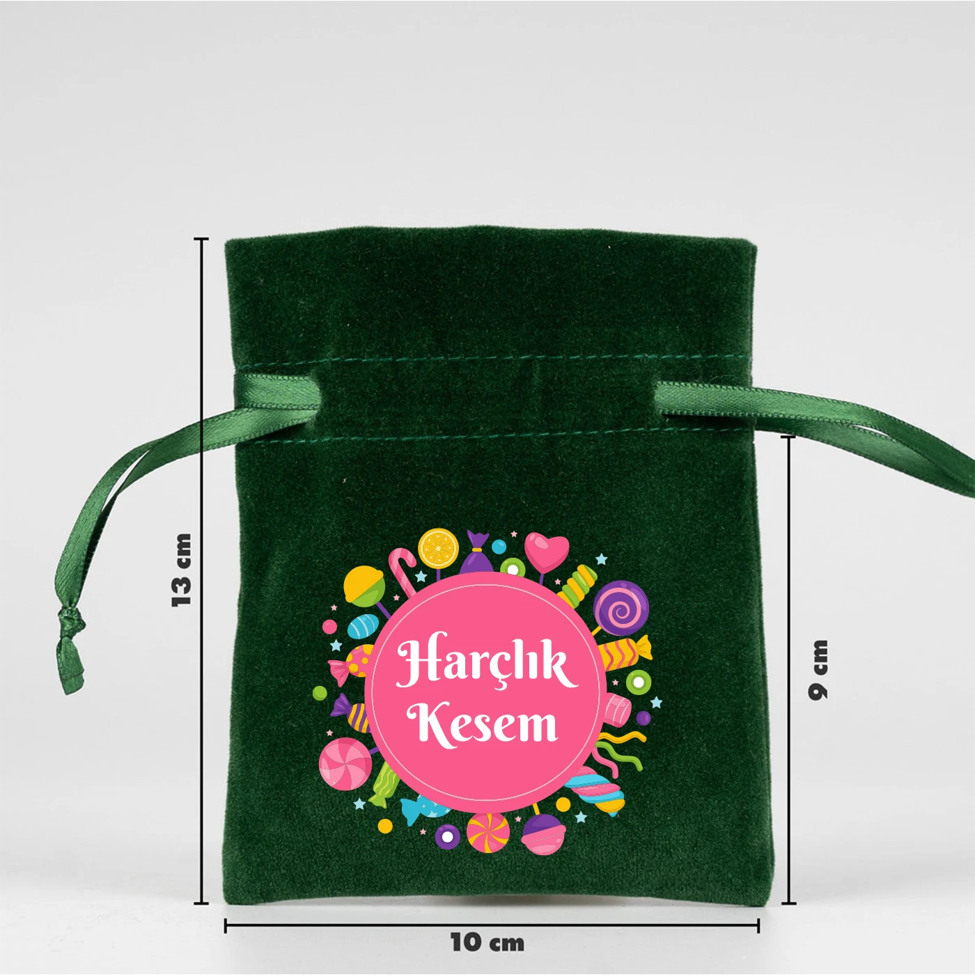 Yeşil büzgülü kese kadife 10x13 cm, Harçlık Kesem yazılı renkli şeker baskısı, Bayram hediyelik kese