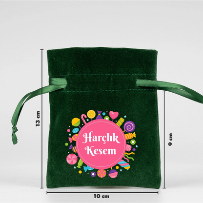 Yeşil büzgülü kese kadife 10x13 cm, Harçlık Kesem yazılı renkli şeker baskısı, Bayram hediyelik kese