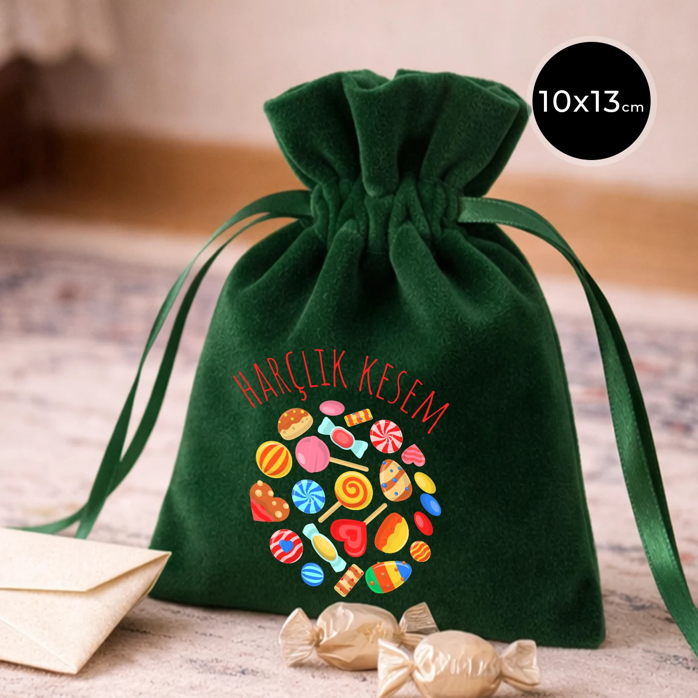 Yeşil kadife büzgülü kese 10x13 cm, Harçlık Kesem yazılı renkli şeker baskısı, Bayram hediyelik kese