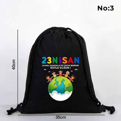 35x40 cm Siyah Bez Sırt Çantası Ham Bez Büzgülü - 23 Nisan Hediyesi (Okul-Sınıf Baskılı)