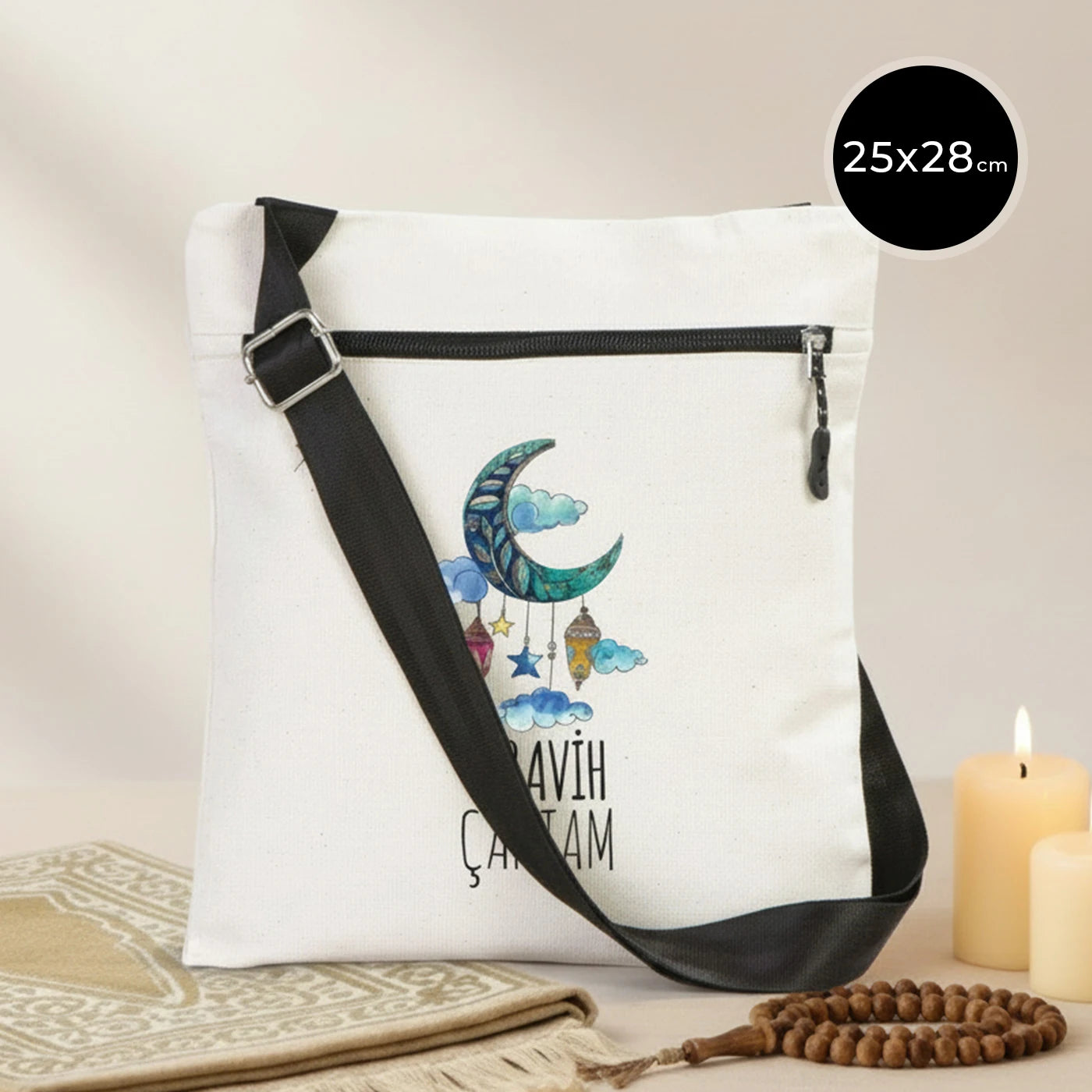 25x28 cm Baskılı Kanvas Fermuarlı Heybe Çanta - Teravih Çantası