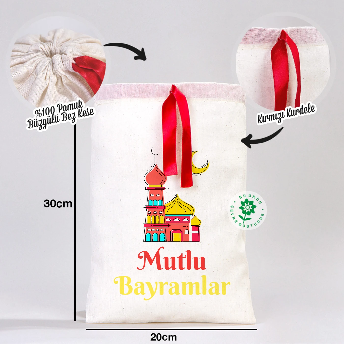 20x30 cm ölçülerinde, kırmızı kurdelalı, İyi Bayramlar baskılı bez kese bayram çantası