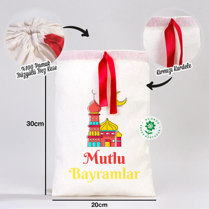 20x30 cm ölçülerinde, kırmızı kurdelalı, İyi Bayramlar baskılı bez kese bayram çantası