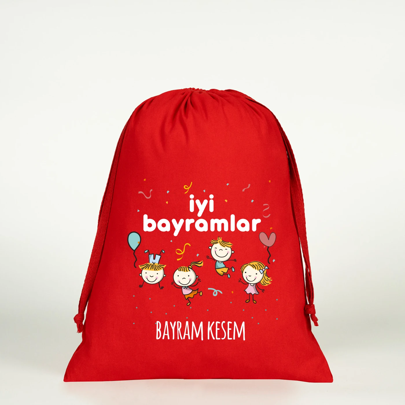25x35 cm kırmızı büzgülü bez kese, “Harçlık Kesesi” yazılı ay ve cami desenli Bayram harçlık kese