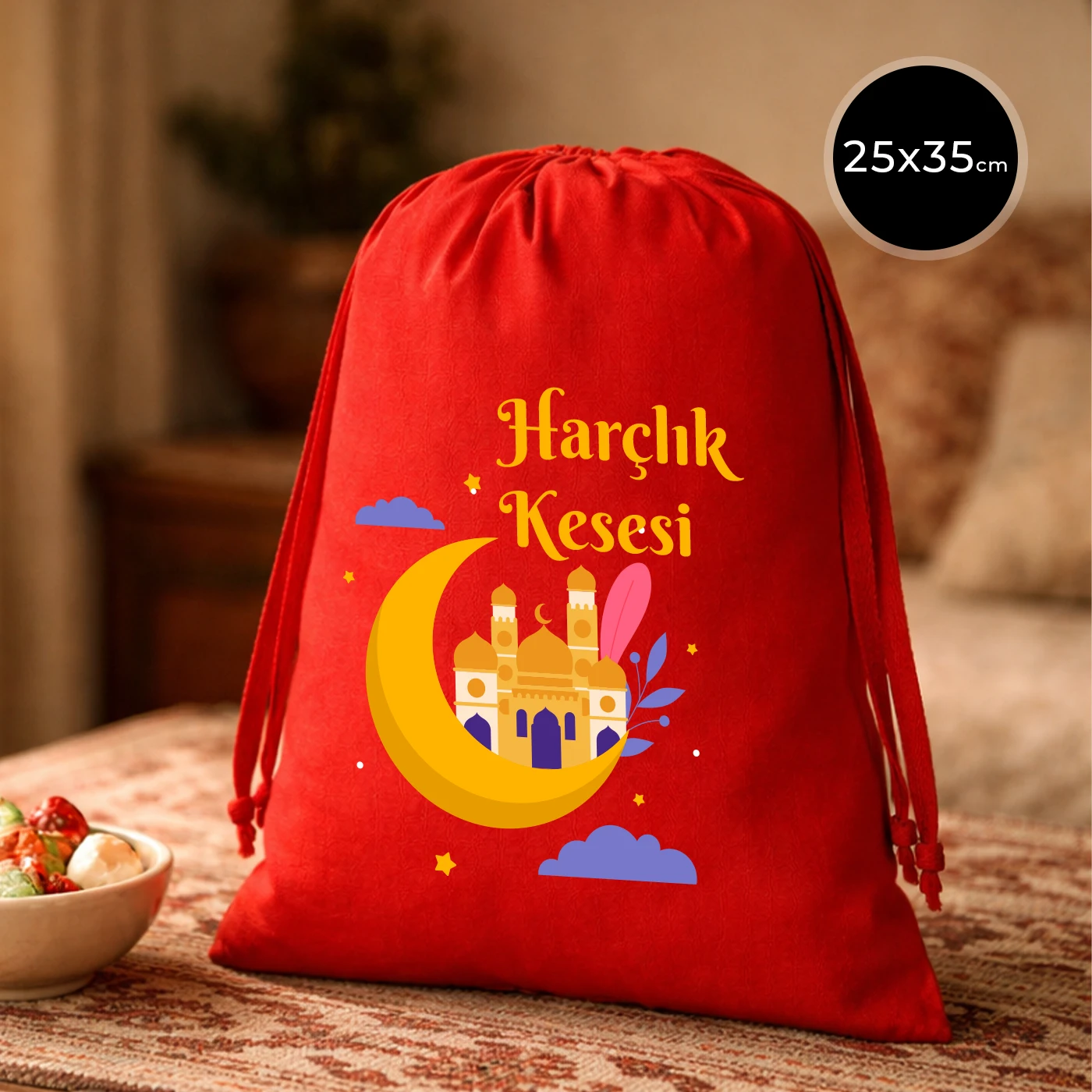 25x35 cm kırmızı büzgülü çanta, “Harçlık Kesesi” yazılı ay ve cami desenli Bayram harçlık çantası