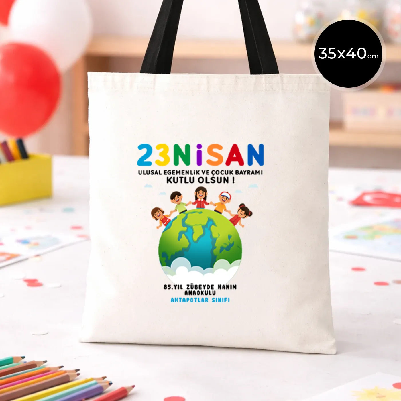 35x40 cm Siyah Kulp Ham Bez Çanta Baskılı - 23 Nisan Hediyesi (Okul-Sınıf Baskılı)