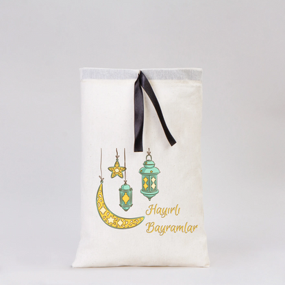 Siyah kurdeleli pamuk bez kese, Ramazan ayına özel Hayırlı Bayramalr baskılı.