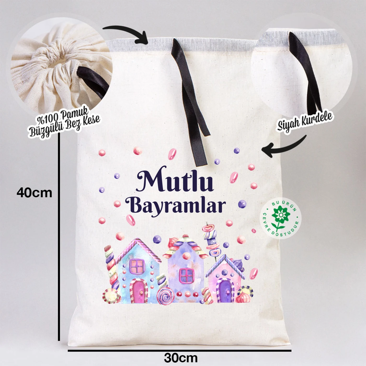 30x40 cm ölçülerinde, siyah kurdelalı, cami figürlü ‘Mutlu Bayramlar’ bez kese bayram çantası baskılı