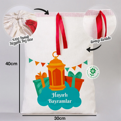 30x40 cm ölçülerinde, kırmızı kurdelalı, ay ve cami figürlü ‘İyi Bayramlar’ bez kese bayram çantası baskılı 