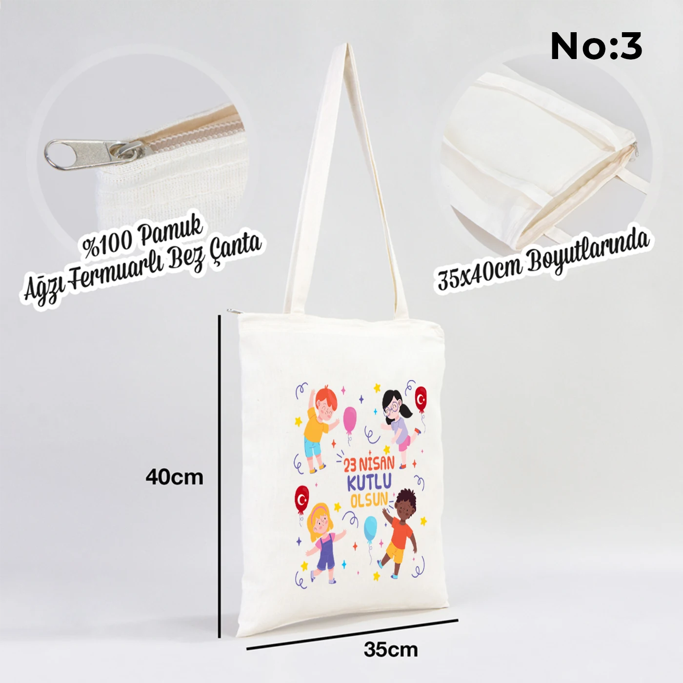 35x40 cm fermuarlı ham bez çanta üzerinde dünya etrafında renkli çocuk figürleri ve “23 Nisan Ulusal Egemenlik ve Çocuk Bayramı Kutlu Olsun” yazısı bulunan 23 Nisan temalı bez çanta.