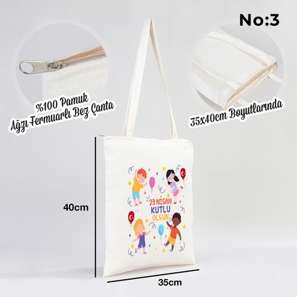35x40 cm fermuarlı ham bez çanta üzerinde dünya etrafında renkli çocuk figürleri ve “23 Nisan Ulusal Egemenlik ve Çocuk Bayramı Kutlu Olsun” yazısı bulunan 23 Nisan temalı bez çanta.