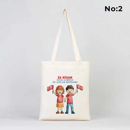35x40 cm ham bez çanta üzerinde renkli "23 Nisan Kutlu Olsun" baskısı – çocuklar için özel hediye