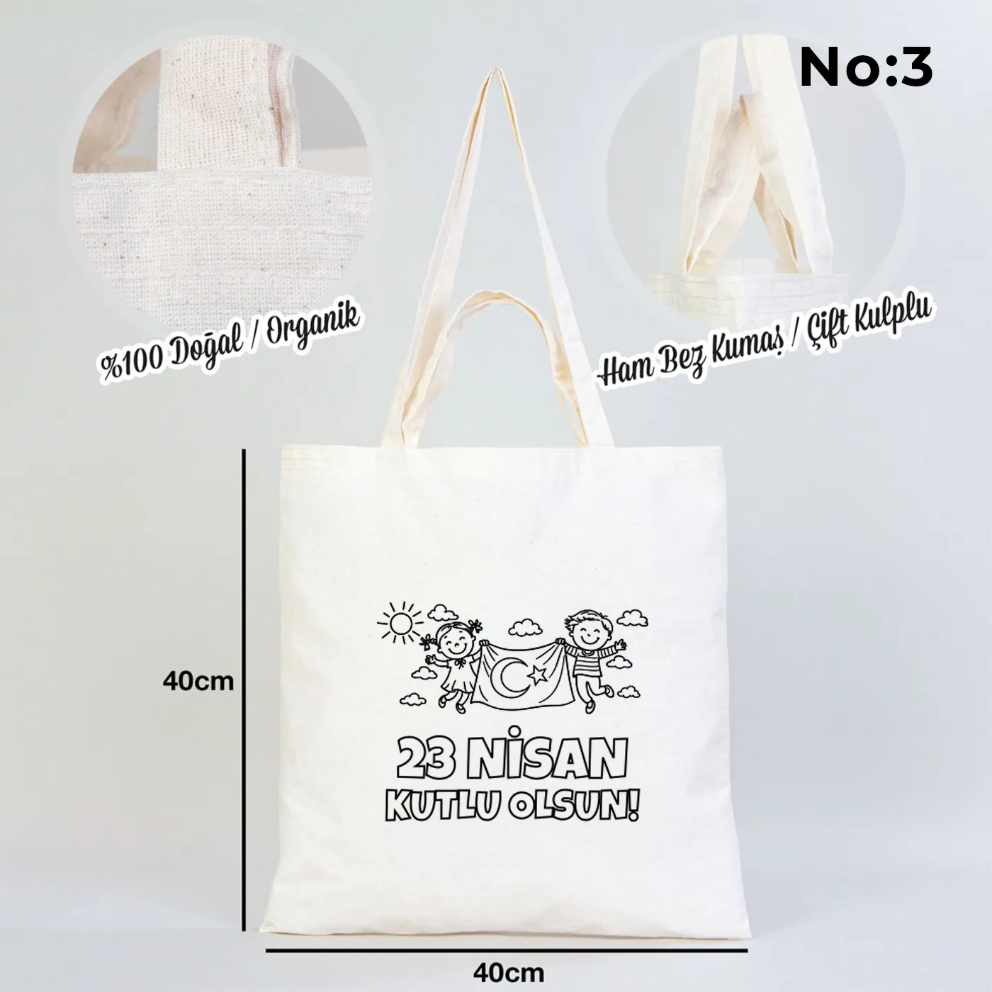 23 Nisan temalı, boyanabilir baskılı tasarımlı, 40x40 cm ham bez kumaştan üretilmiş çocuk etkinliklerine uygun bez çanta