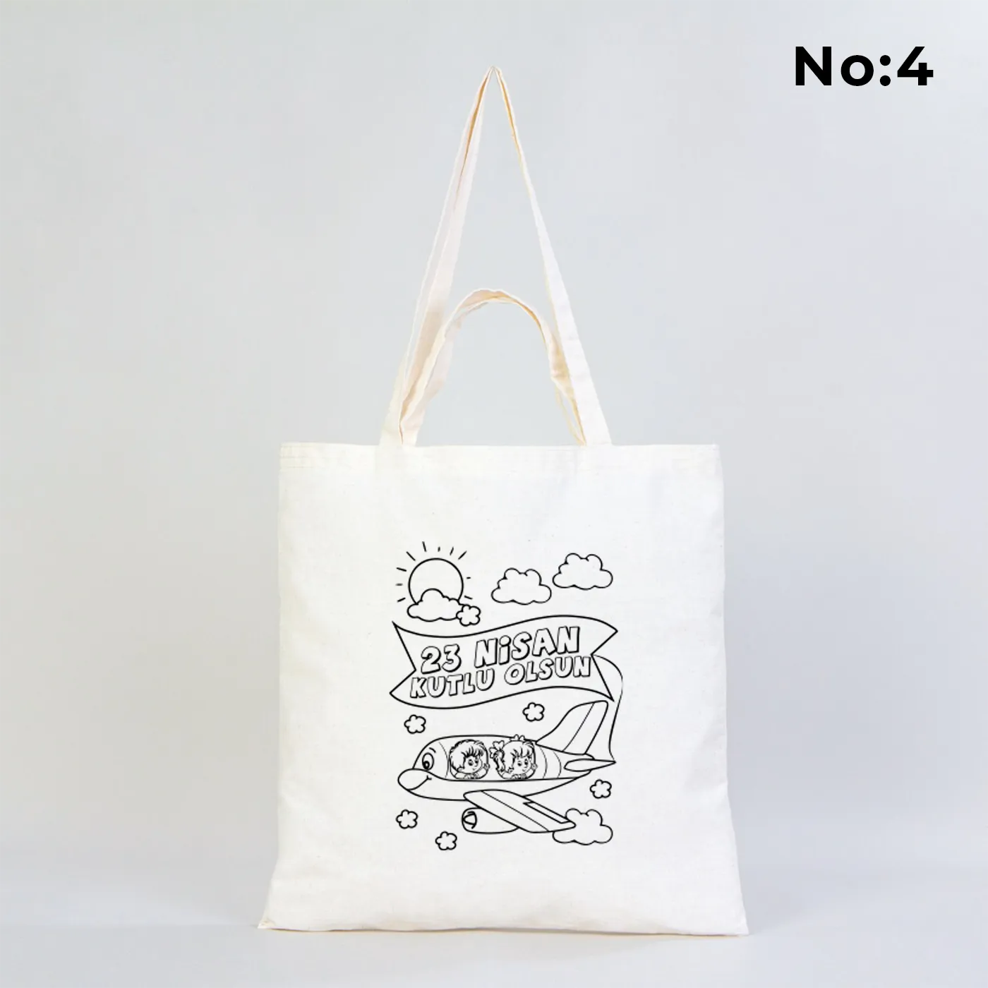 23 Nisan temalı, boyanabilir baskılı tasarımlı, 40x40 cm ham bez kumaştan üretilmiş çocuk etkinliklerine uygun bez çanta