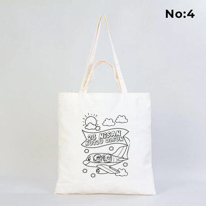 23 Nisan temalı, boyanabilir baskılı tasarımlı, 40x40 cm ham bez kumaştan üretilmiş çocuk etkinliklerine uygun bez çanta
