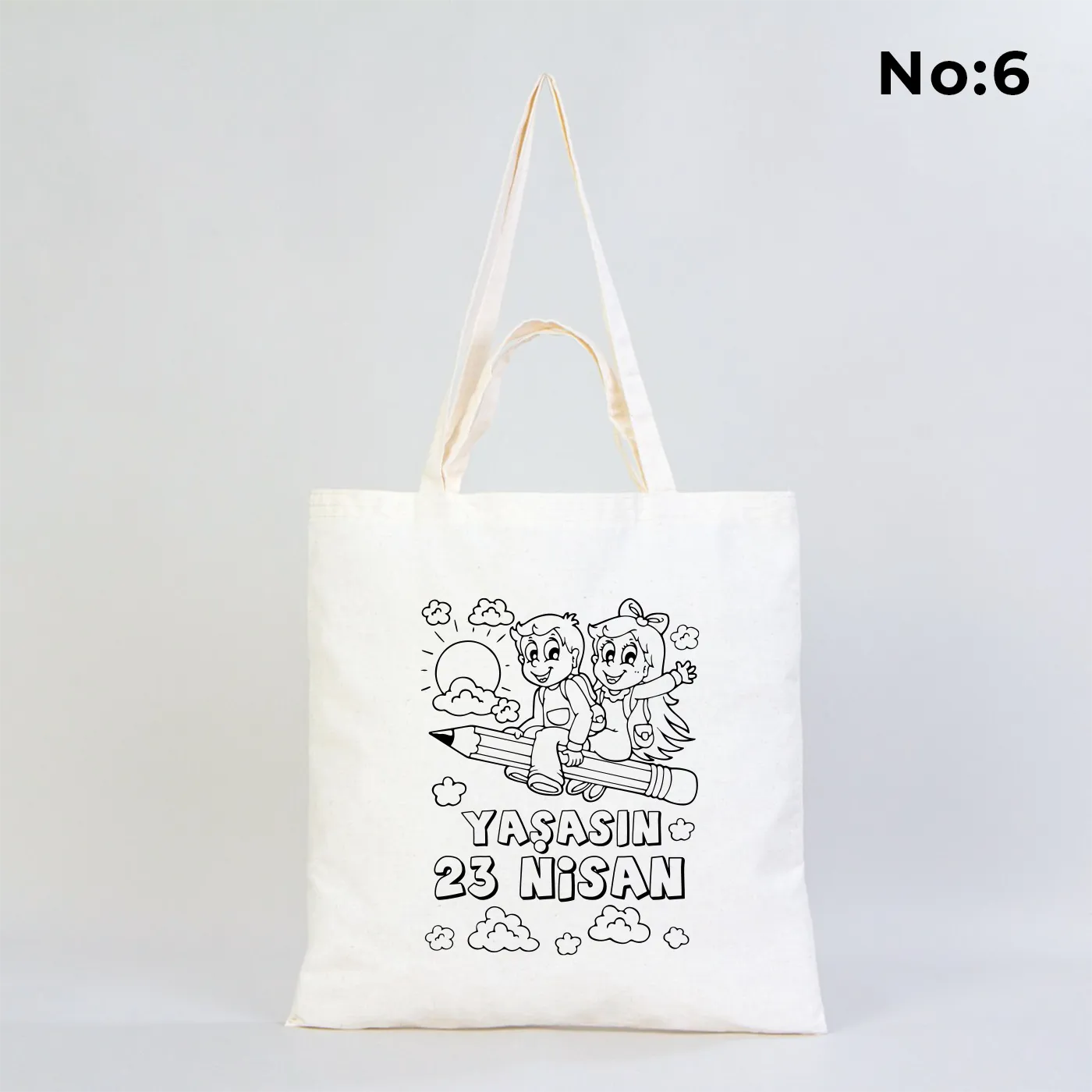 23 Nisan temalı, boyanabilir baskılı tasarımlı, 40x40 cm ham bez kumaştan üretilmiş çocuk etkinliklerine uygun bez çanta