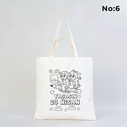 23 Nisan temalı, boyanabilir baskılı tasarımlı, 40x40 cm ham bez kumaştan üretilmiş çocuk etkinliklerine uygun bez çanta