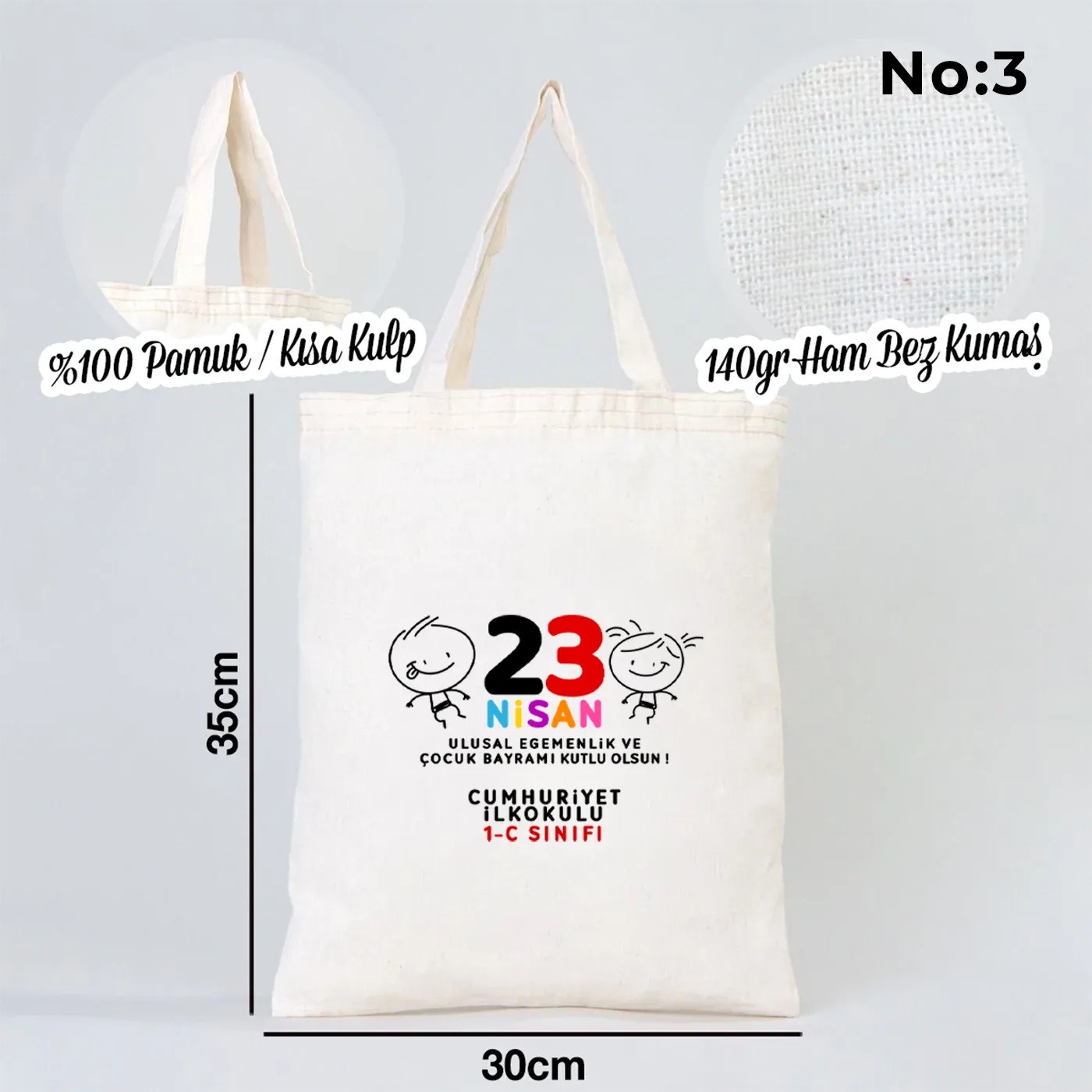 30x35 cm Ham Bez Çanta Kısa Kulp - 23 Nisan Hediyesi (Okul-Sınıf Baskılı)