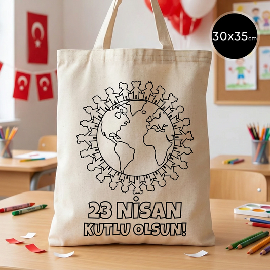 30x35 cm krem renkli bez çanta üzerinde boyamaya uygun dünya figürü ve “23 Nisan Kutlu Olsun!” yazılı siyah beyaz baskı, sınıf temalı arka plan