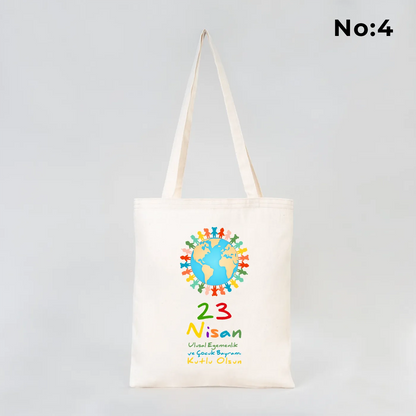 35x40 cm ham bez çanta üzerinde Türk bayraklı iki çocuk figürü ve "23 Nisan Ulusal Egemenlik ve Çocuk Bayramı" baskısı