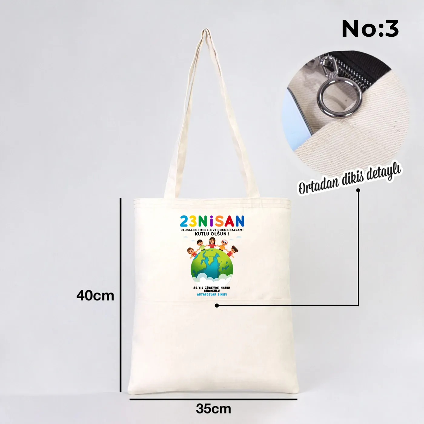 35x40 cm Gabardin Çift Cepli Bez Çanta - 23 Nisan Hediyesi (Okul-Sınıf Baskılı)