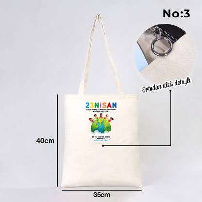 35x40 cm Gabardin Çift Cepli Bez Çanta - 23 Nisan Hediyesi (Okul-Sınıf Baskılı)
