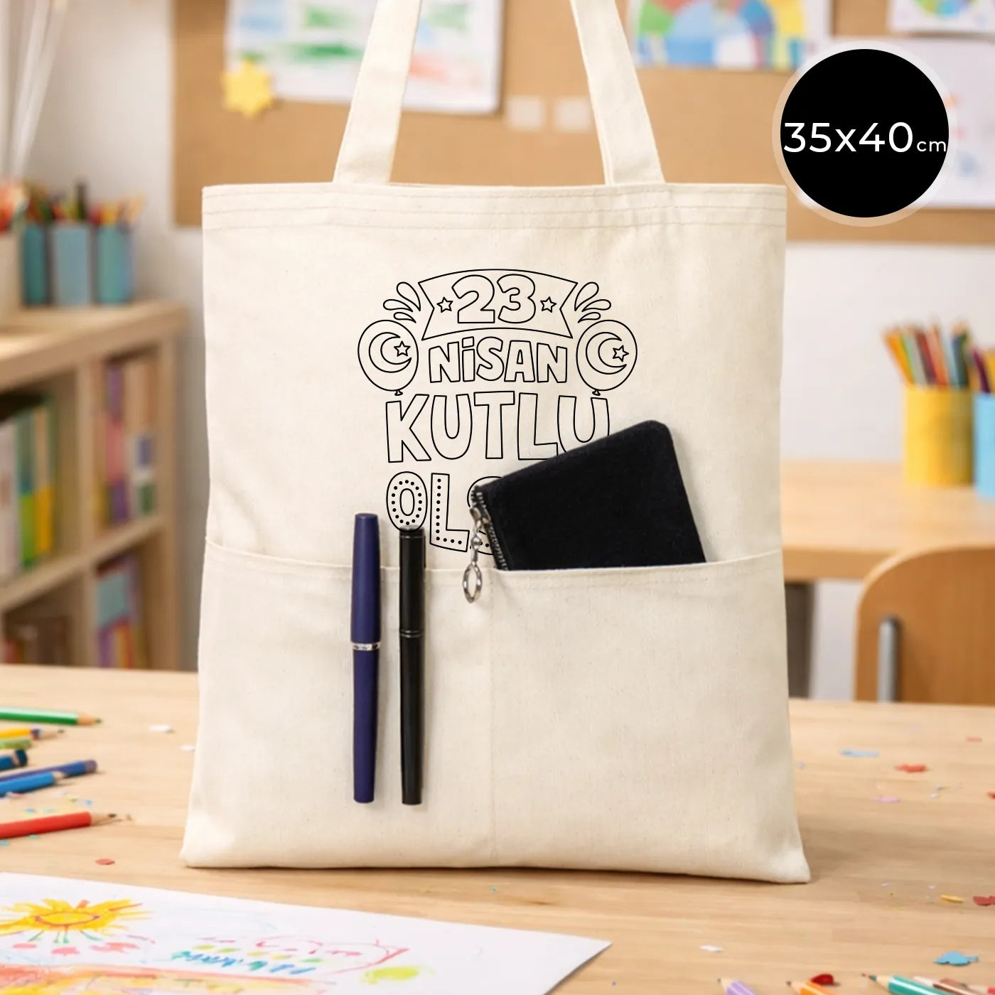 Boyanabilir 35x40 cm Gabardin Çift Cep Bölmeli Bez Çanta - 23 Nisan Hediyesi