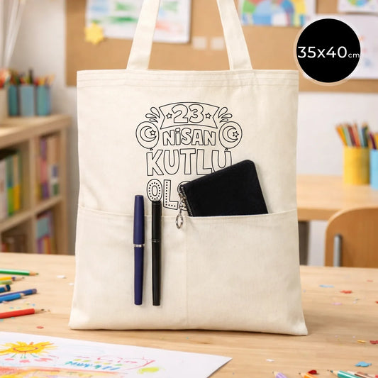 Boyanabilir 35x40 cm Gabardin Çift Cep Bölmeli Bez Çanta - 23 Nisan Hediyesi