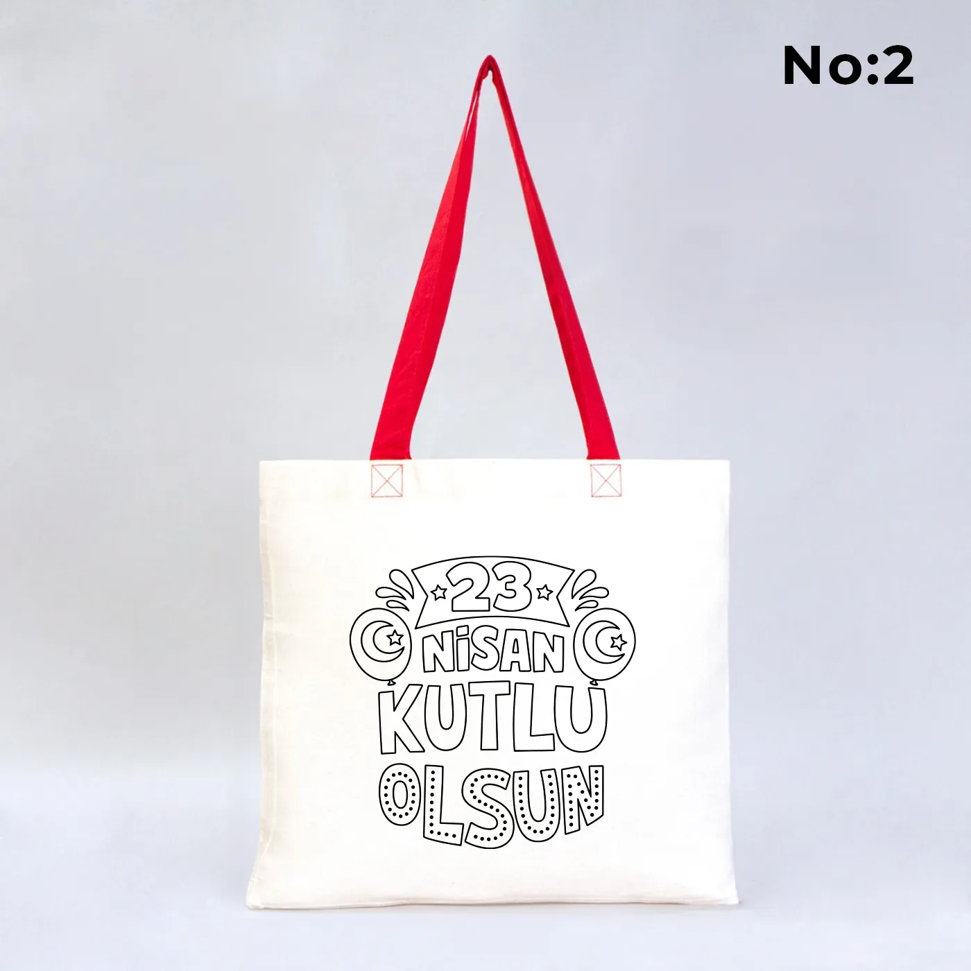 23 Nisan Kutlu Olsun yazılı, Türk bayrağı tutan çocuk çizimli, boyanabilir tasarımlı kırmızı saplı 40x35 cm ham bez çanta.