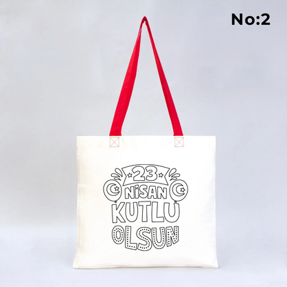 23 Nisan Kutlu Olsun yazılı, Türk bayrağı tutan çocuk çizimli, boyanabilir tasarımlı kırmızı saplı 40x35 cm ham bez çanta.