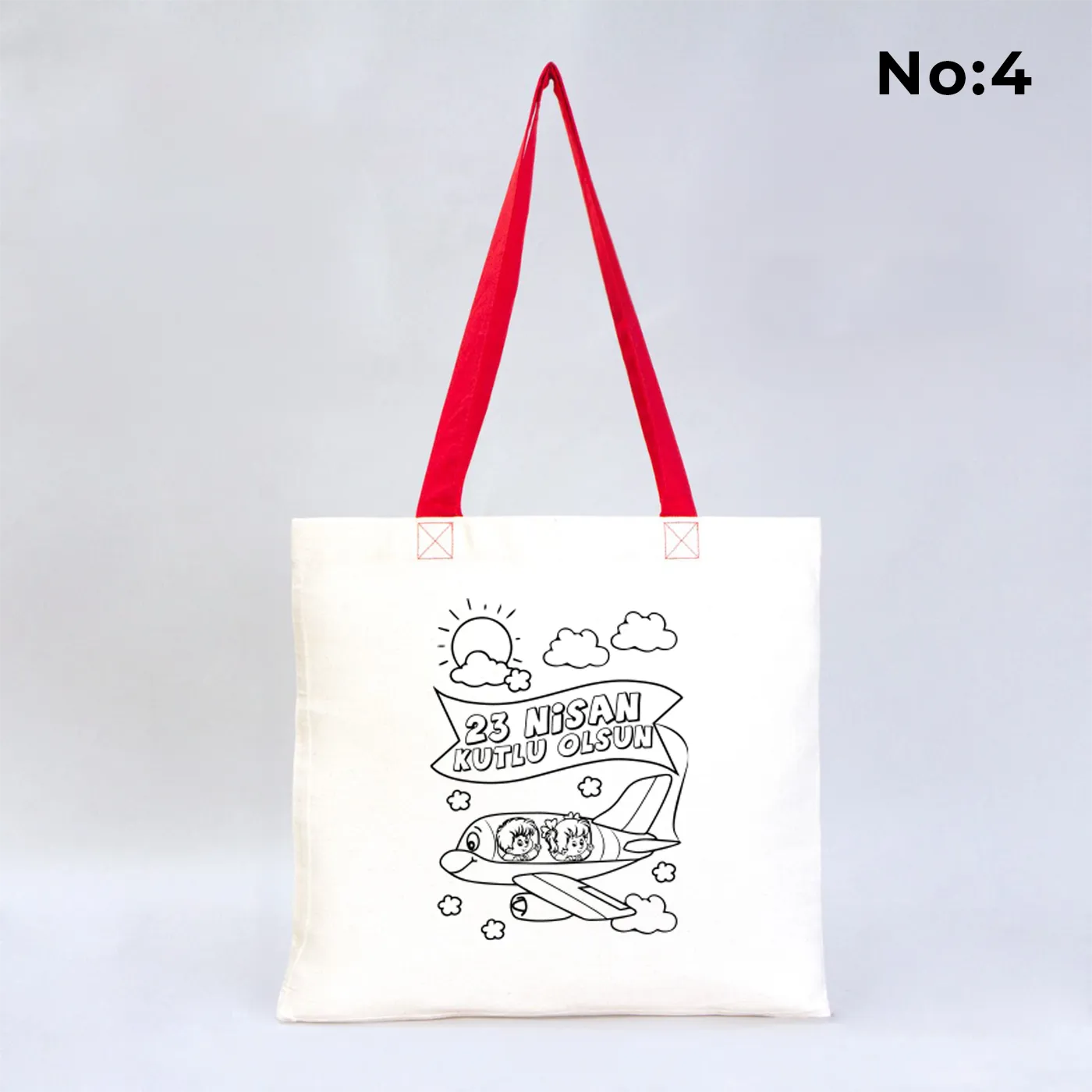 23 Nisan Kutlu Olsun yazılı, Türk bayrağı tutan çocuk çizimli, boyanabilir tasarımlı kırmızı saplı 40x35 cm ham bez çanta.