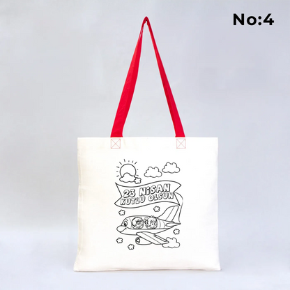 23 Nisan Kutlu Olsun yazılı, Türk bayrağı tutan çocuk çizimli, boyanabilir tasarımlı kırmızı saplı 40x35 cm ham bez çanta.