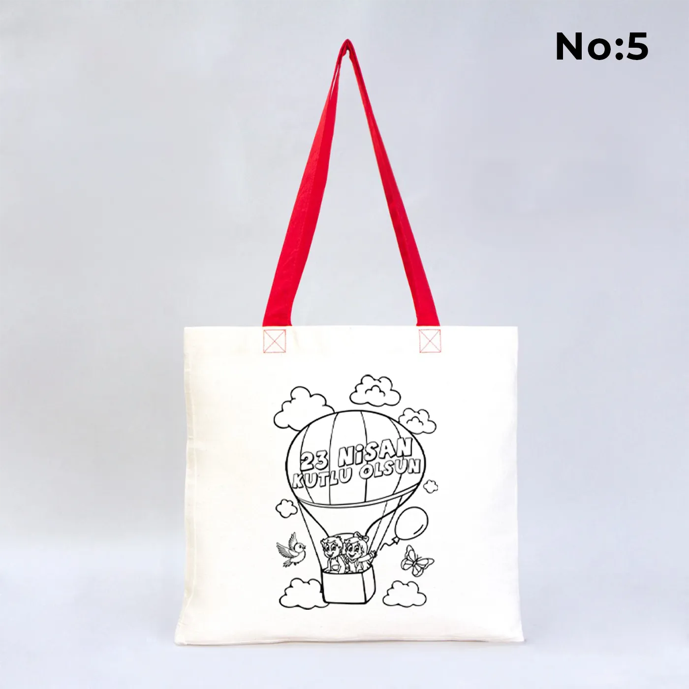 23 Nisan Kutlu Olsun yazılı, Türk bayrağı tutan çocuk çizimli, boyanabilir tasarımlı kırmızı saplı 40x35 cm ham bez çanta.