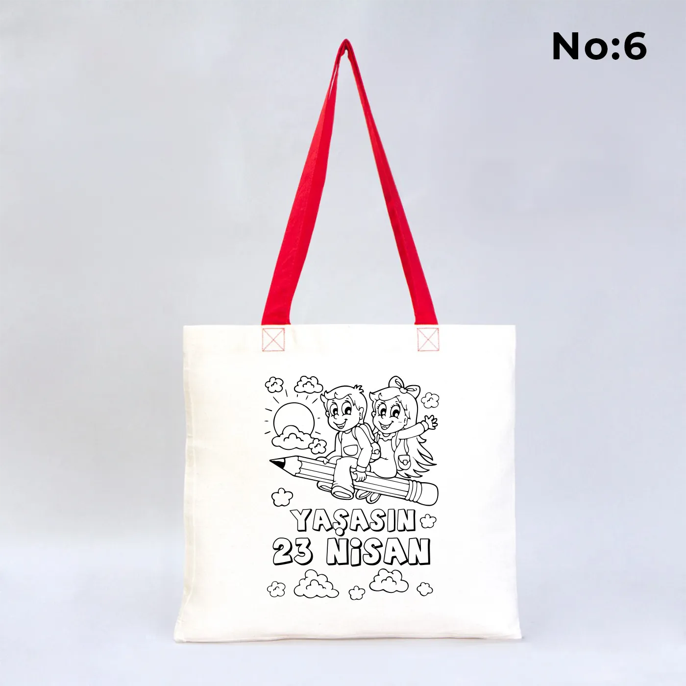 23 Nisan Kutlu Olsun yazılı, Türk bayrağı tutan çocuk çizimli, boyanabilir tasarımlı kırmızı saplı 40x35 cm ham bez çanta.